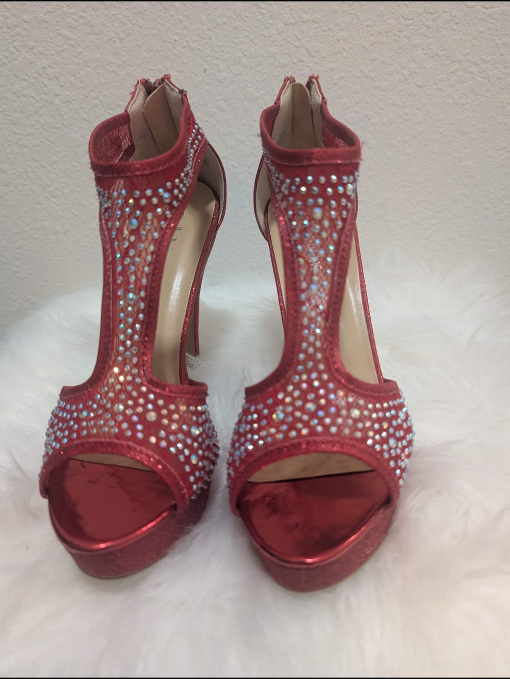 Red Rhinestone T-Strap Platform Heels - Picture 3 of 8